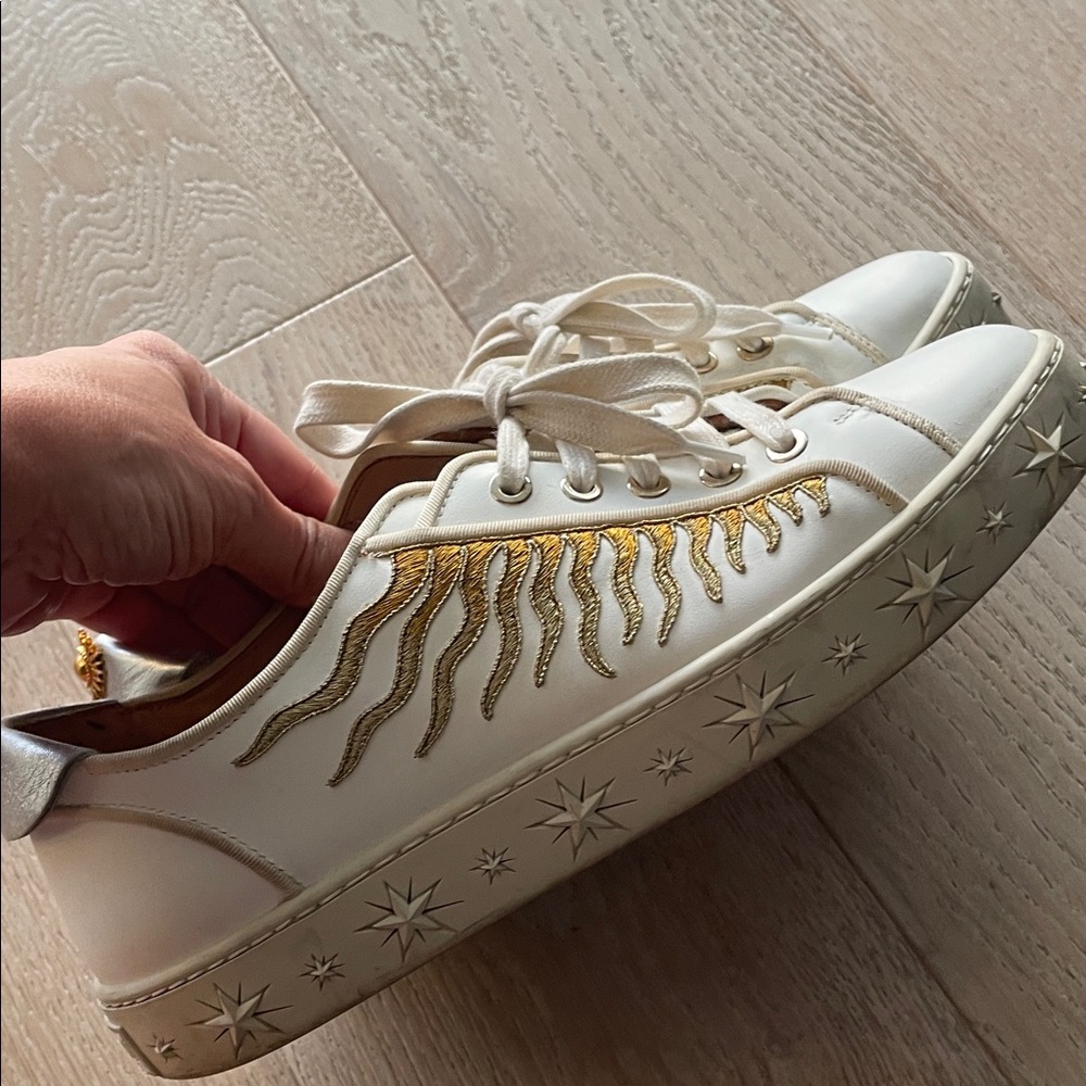 Aquazzura White and Gold Embroidered Sneakers